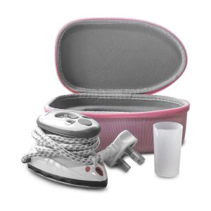 The Quilted Bear Mini Steam Iron Ceramic Sole Base Plate And Travel Hardcase – Pink