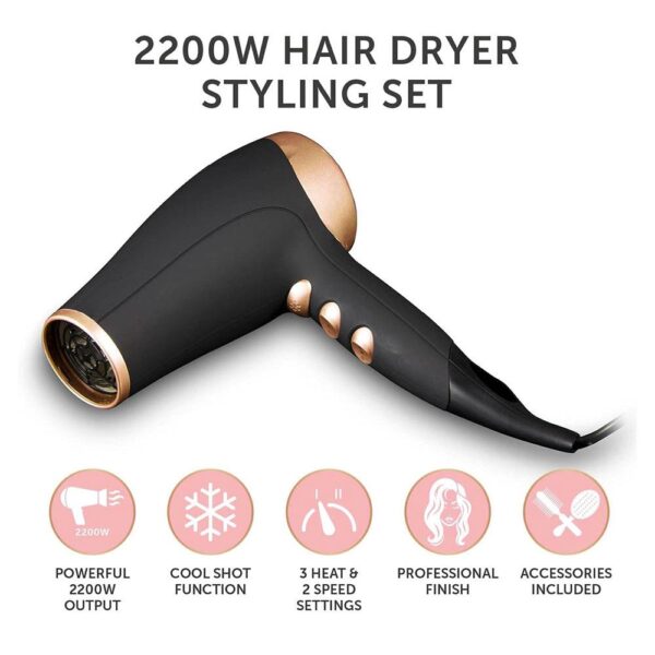Carmen Noir 2200W Hair Dryer Styling Set With Concentrator Nozzle - Black And Rose Gold - Image 2