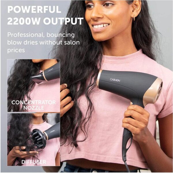 Carmen Noir 2200W Hair Dryer Styling Set With Concentrator Nozzle - Black And Rose Gold - Image 3