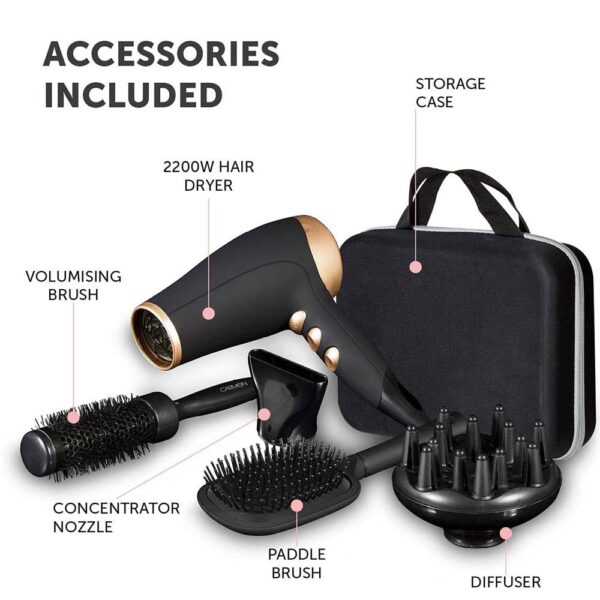 Carmen Noir 2200W Hair Dryer Styling Set With Concentrator Nozzle - Black And Rose Gold - Image 7