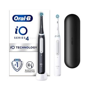 Oral-B Series 4 iO Electric Toothbrush Duo Pack 2 Toothbrush Heads With Travel Case – Matte Black And White