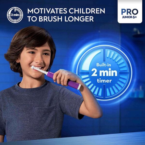 Oral-B Pro Junior Kids Electric Toothbrush 3 Modes With Kid-Friendly Sensitive Mode Ages 6+ - Purple - Image 2