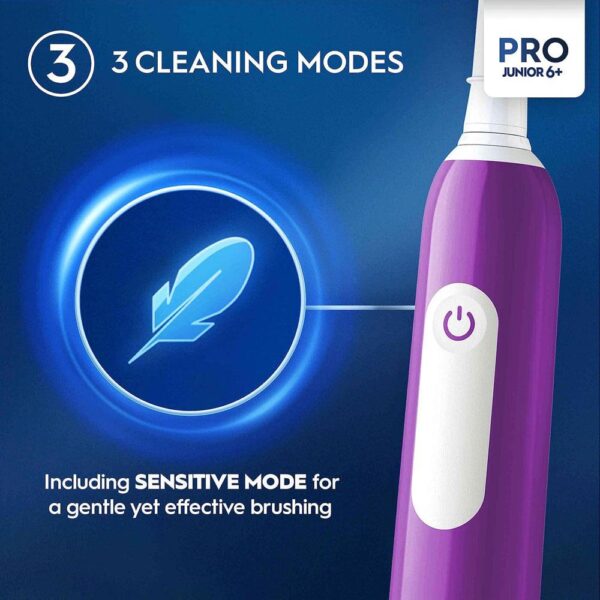 Oral-B Pro Junior Kids Electric Toothbrush 3 Modes With Kid-Friendly Sensitive Mode Ages 6+ - Purple - Image 3