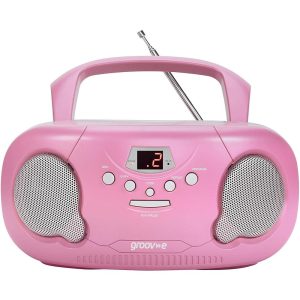 Groov-e Original Boombox Portable CD Player With Radio 3.5mm AUX Input Headphone Jack – Pink