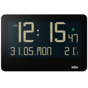 Braun Digital Wall Clock With Indoor Temperature Date Day Reverse LCD Display Beep Alarm – Black