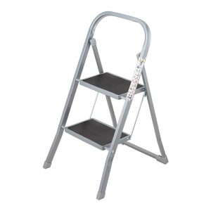 OurHouse 2 Rubber Tread Steel Step Ladder 150kg Maximum Weight Slip-Resistant Feet – Grey