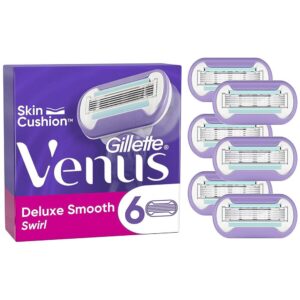 Gillette Venus Deluxe Smooth Swirl Razor Blades Refills Lubrastrip With A Touch of Vitamin E – Pack of 6