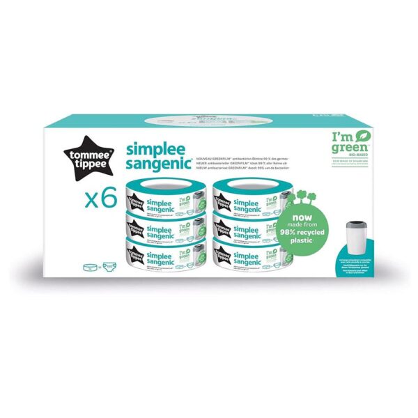 Tommee Tippee Simplee Sangenic Nappy Bin Refills Sustainably Sourced Antibacterial GREENFILM - Pack of 6 - Image 2