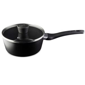 MasterChef Essential Non-Stick Stainless Steel Sauce Pan With Tempered Glass Lid 18cm – Black
