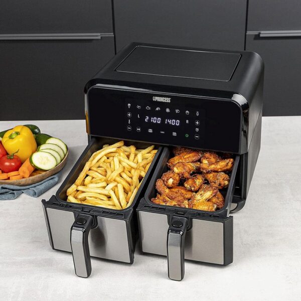 Princess Double Basket Air Fryer With 8 Pre-Programme Settings 1600W 8 Litres Capacity - Black/Silver - Image 2