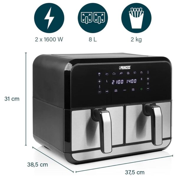 Princess Double Basket Air Fryer With 8 Pre-Programme Settings 1600W 8 Litres Capacity - Black/Silver - Image 3