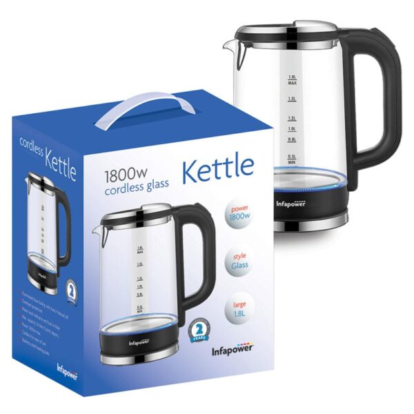 Infapower Cordless Glass Kettle 1800W 1.8 Litre - Black - Image 3
