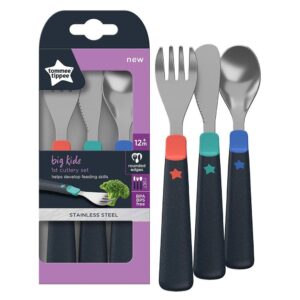 Tommee Tippee Big Kids 1st Cutlery Set Stainless Steel Rounded Edges Chunky Handles 12m+ – Multicolour