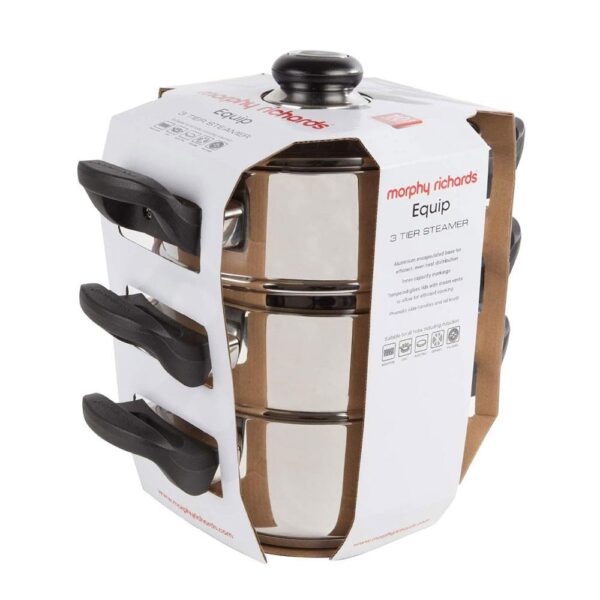 Morphy Richards Equip 3 Tier Steamer Pour & Drain With Tempered Glass Lid 18cm - Stainless Steel - Image 8