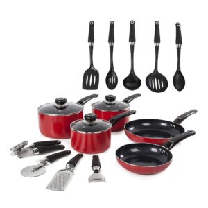 Morphy Richards Equip Cookware Set 3 Pots 2 Saucepans 9 Utensils 14 Piece – Red