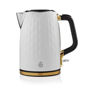 Swan Gatsby Jug Kettle 1.7 Litres Diamond Pattern – Matte White With Gold Accents