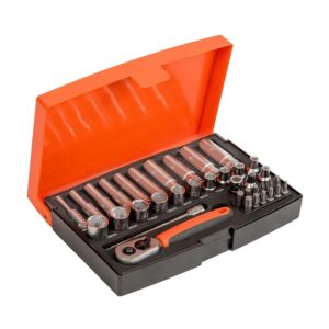Bahco 1/4 Inch Square Drive Socket And Deep Socket Set With Metric Hex Profile And Screwdriver Bits – 37 Pieces