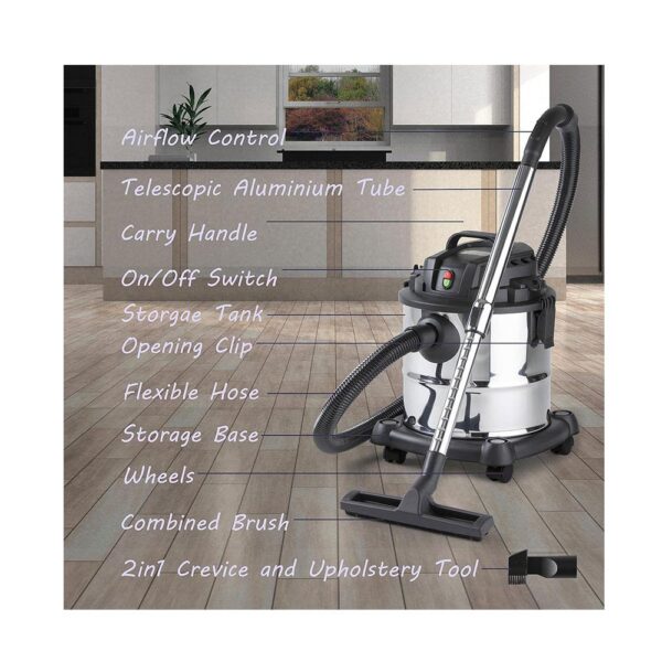 Daewoo Wet & Dry Cylinder Vacuum Cleaner 1000W 20 Litres Dust Tank - Silver - Image 2