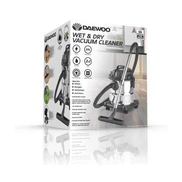Daewoo Wet & Dry Cylinder Vacuum Cleaner 1000W 20 Litres Dust Tank - Silver - Image 6