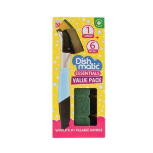 Dishmatic Essentials Washing Up Brush Value Pack Kit 1 Handle And 6 Sponge Heads Refills – Multicolour