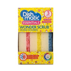 Dishmatic Wonder Scrub Sponge Scourers Non-Scratch Multipurpose Dual Action 3 Pack – Pink/Blue/Yellow