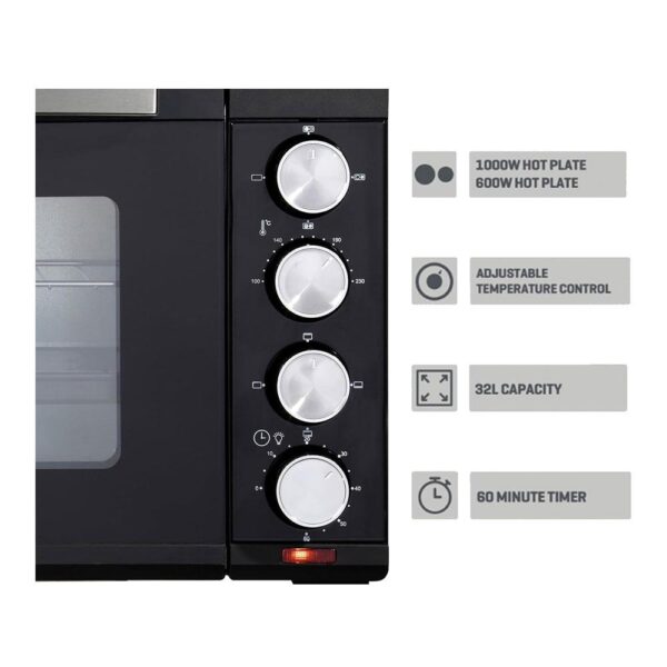 Daewoo Electric Oven with Hot Plates Adjustable Temperature Control Stainless Steel Glass 1500 W 32 Litre - Black - Image 3