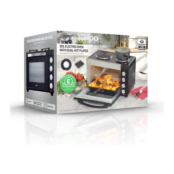 Daewoo Electric Oven with Hot Plates Adjustable Temperature Control Stainless Steel Glass 1500 W 32 Litre - Black - Image 5