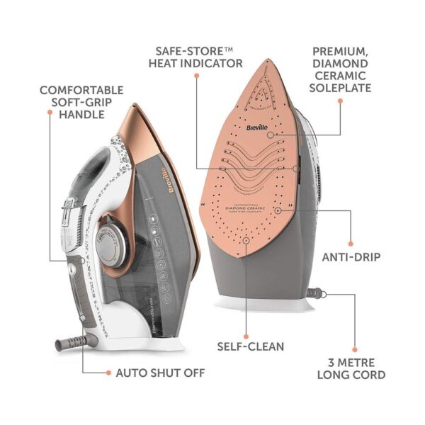 Breville DiamondXpress Steam Iron Diamond Ceramic Soleplate 3100W 400ml Water Tank - White & Rose Gold - Image 7