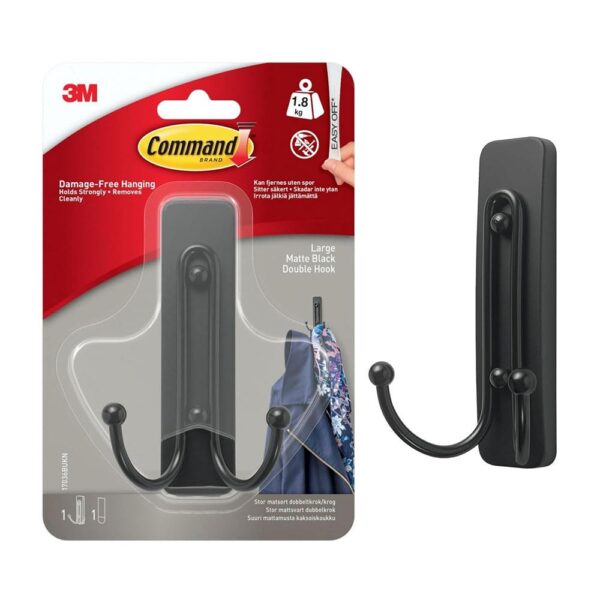 3M Command Double Hook Large 1 Hook And 1 Large Strip 1.8kg Holding Power - Matte Black