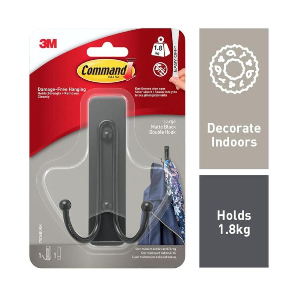 3M Command Double Hook Large 1 Hook And 1 Large Strip 1.8kg Holding Power - Matte Black - Image 3