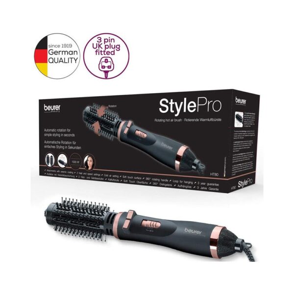 Beurer HT 80 Rotating Hot Air Brush With Ceramic Coating & 2 Heat Settings 1000W With 2 Attachments - Black - Image 2