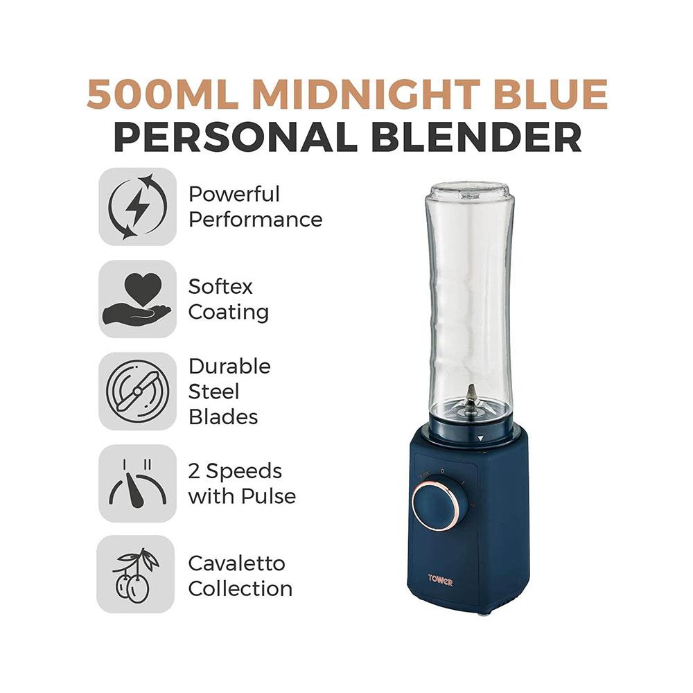 Tower Cavaletto Personal Jug Blender With Tritan Smoothie Bottle 300W 500ml - Midnight Blue & Rose Gold - Image 2