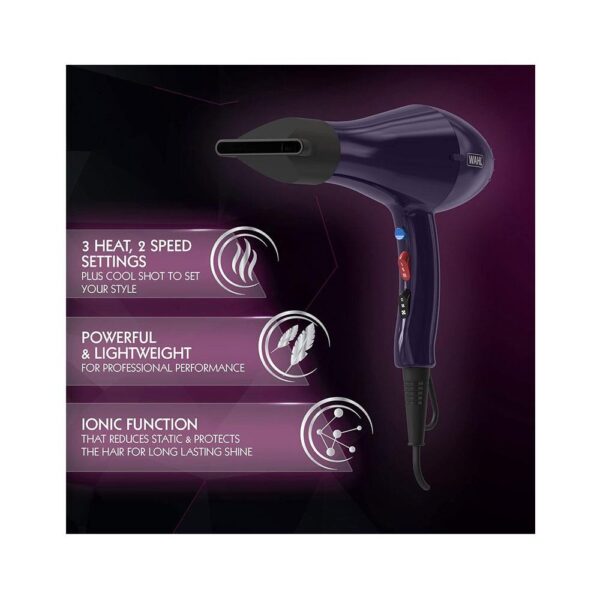 Wahl Professional Ionic Style Hair Dryer Purple 3 Heat Settings 2000W - Image 2
