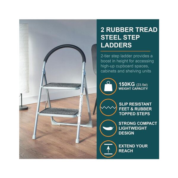 OurHouse 2 Wide Rubber Tread Steel Step Ladder 150kg Load Capacity - Grey - Image 2