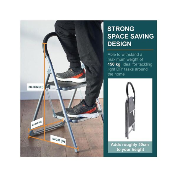 OurHouse 2 Wide Rubber Tread Steel Step Ladder 150kg Load Capacity - Grey - Image 3