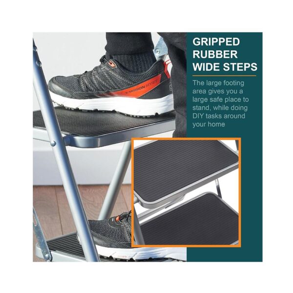 OurHouse 2 Wide Rubber Tread Steel Step Ladder 150kg Load Capacity - Grey - Image 4