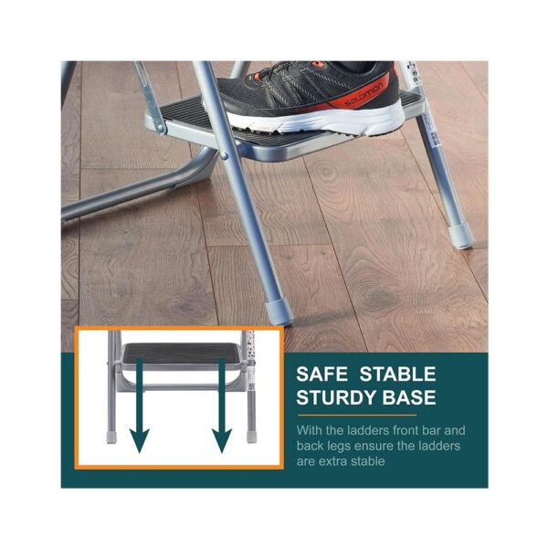 OurHouse 2 Wide Rubber Tread Steel Step Ladder 150kg Load Capacity - Grey - Image 5