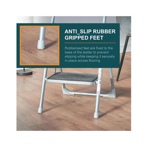 OurHouse 2 Wide Rubber Tread Steel Step Ladder 150kg Load Capacity - Grey - Image 7