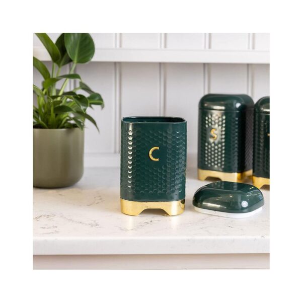 KitchenCraft Lovello Textured Coffee Storage Canister With Lid Ventilated Design - Hunter Green/Gold - Image 3