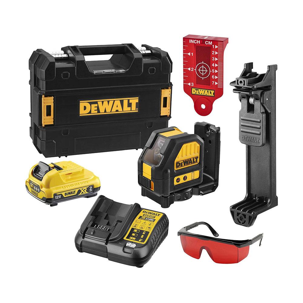 Dewalt 12V XR Cross Line Red Laser 2-Way Self Levelling With 2 Ah Battery & Charger In TSTAK Case - Black & Yellow