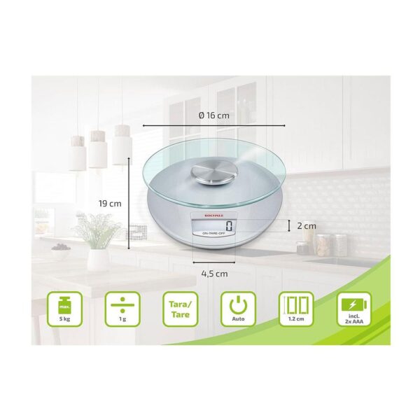 Soehnle Roma Digital Kitchen Scales 5kg Load Capacity Electric Glass Digital Food Scale - Silver - Image 3