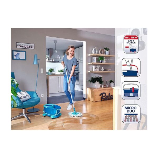 Leifheit Clean Twist Mobile Disc Mop Ergo Set Moisture Controlled Spin Wheeled Bucket - Turquoise - Image 2