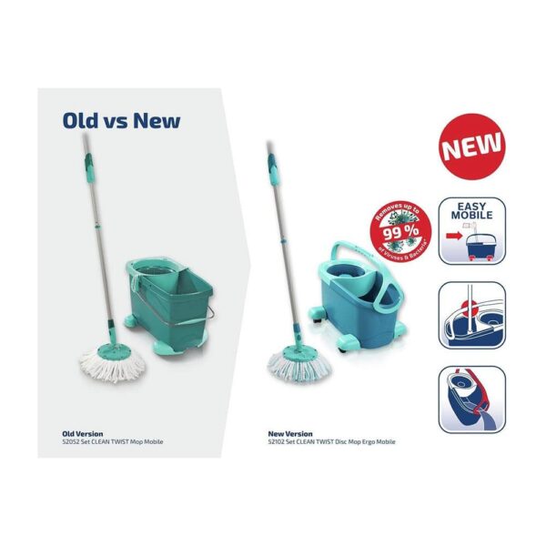 Leifheit Clean Twist Mobile Disc Mop Ergo Set Moisture Controlled Spin Wheeled Bucket - Turquoise - Image 7