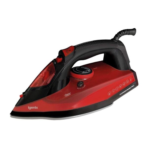 Igenix PowerSteam Steam Iron Ceramic Non-Stick Soleplate 2600W 380ml Water Tank - Red/Black