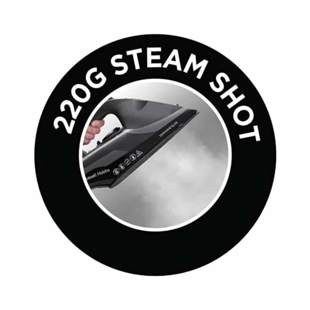 Russell Hobbs Diamond Elite Steam Iron Black Diamond Soleplate 3100W 350ml Water Tank - Black - Image 7