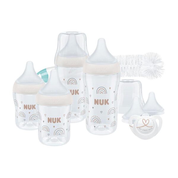 NUK Perfect Match Perfect Start Baby Bottles Set 4 Anti Colic Baby Bottles Dummy Bottle Brush 9 Piece Set - Rainbow