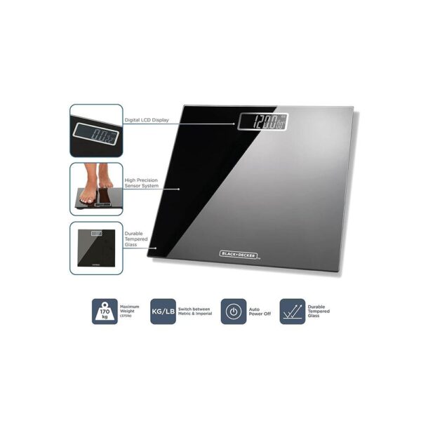 Black & Decker Digital Bathroom Scale High Precision Sensor System Durable Tempered Glass 170kg Capacity - Black - Image 2
