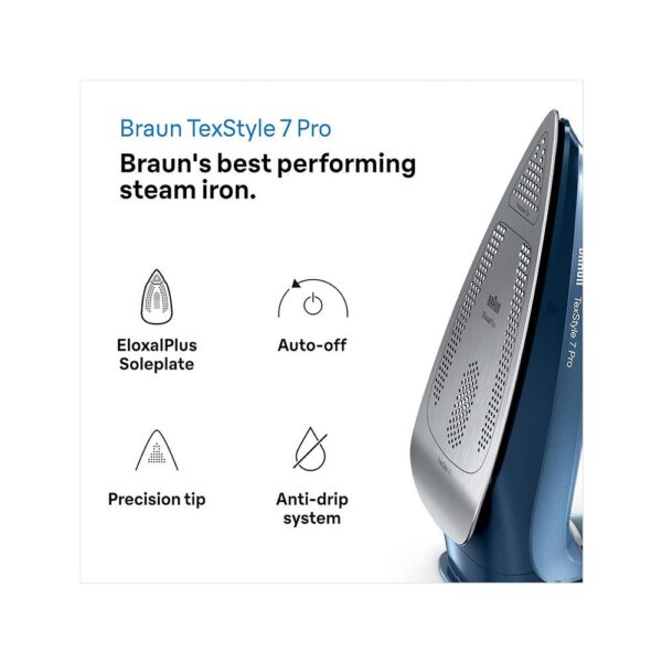 Braun TexStyle 7 Pro Steam Iron With FreeGlide 3D Technology EloxalPlus Sole 3100W 300ml Water Capacity - Blue - Image 2