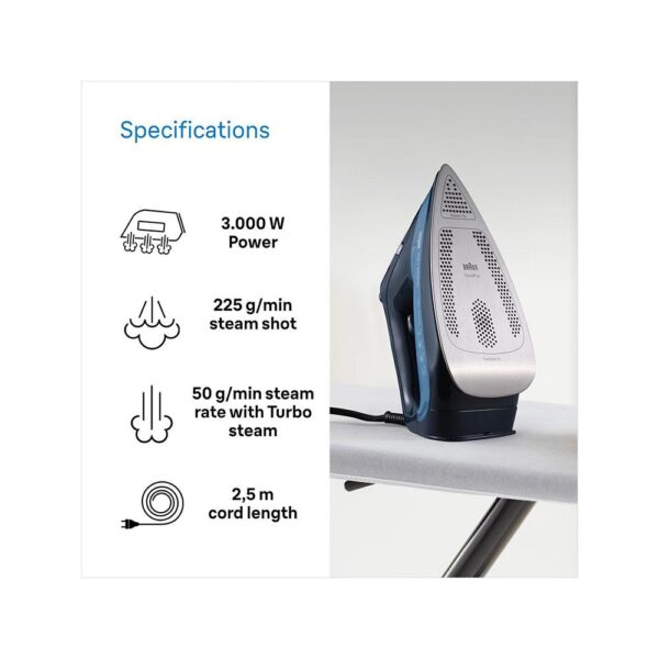 Braun TexStyle 7 Pro Steam Iron With FreeGlide 3D Technology EloxalPlus Sole 3100W 300ml Water Capacity - Blue - Image 4