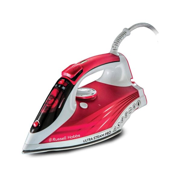 Russell Hobbs Ultra Steam Pro Iron Ceramic Non-Stick Soleplate 2600W 320ml Water Tank - White & Red